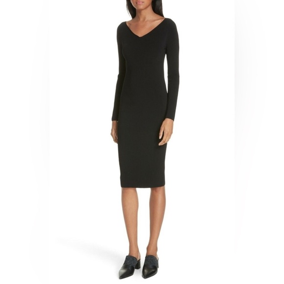 Vince Ribbed V-neck Long Sleeve Midi Dress Black Size Small NWT - Picture 1 of 8
